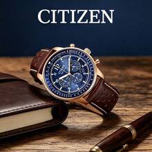 CITIZEN Men's -Drive Chronograph Watch Rose Gold Plated Case Deep Blue Dial Tachymeter Scale Vintage Brown Leather Strap Retro Pilot Style Men Wristwatch - Blue - View 5