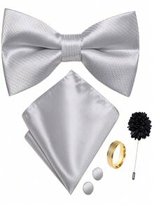 5Pcs Men Simple Solid Silver Bow Tie Pocket Square Cufflinks Ring Boutonniere Set, Cufflinks Pattern Random For Wedding Business Party - Silver - View 1