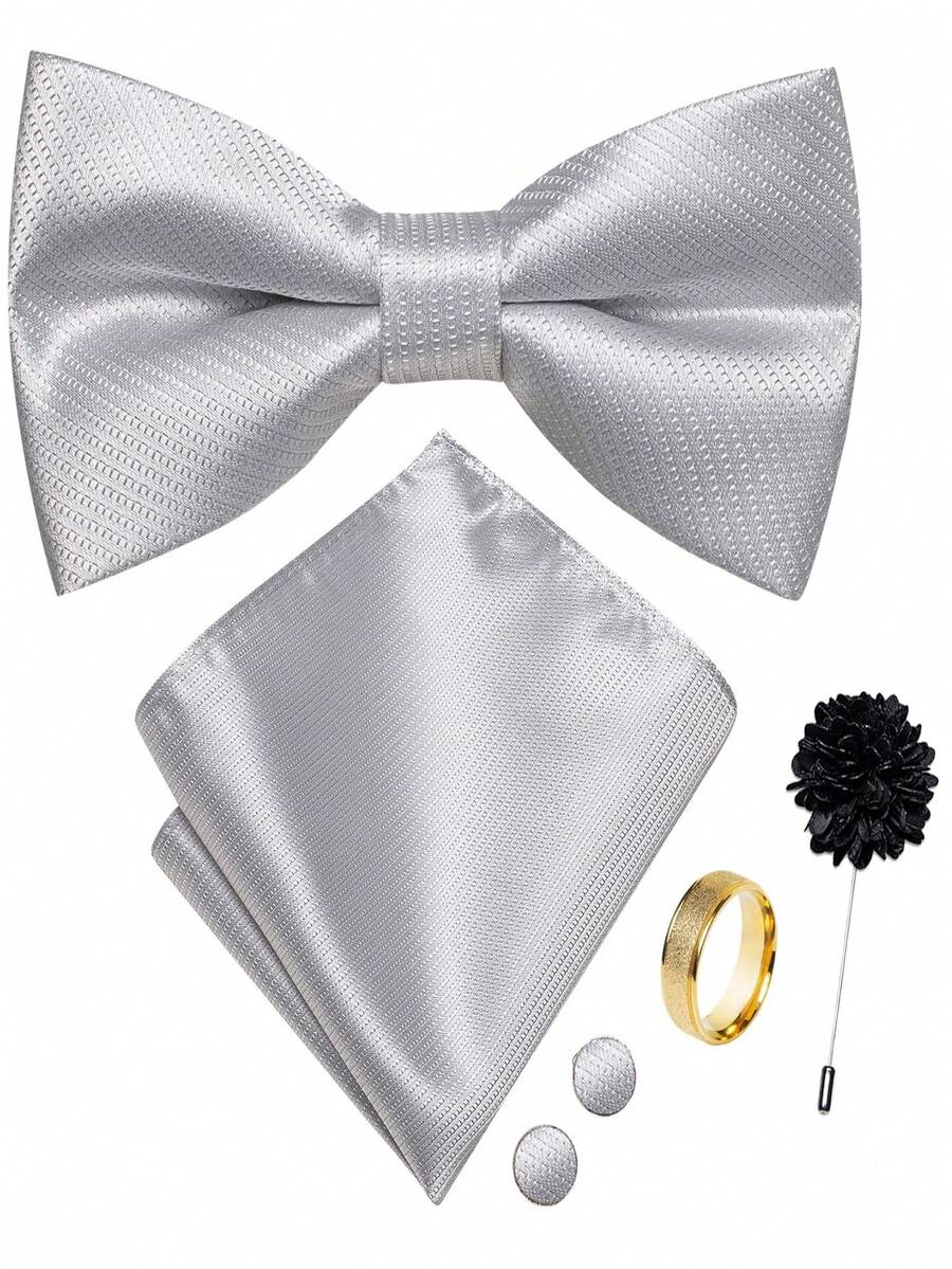 5Pcs Men Simple Solid Silver Bow Tie Pocket Square Cufflinks Ring Boutonniere Set, Cufflinks Pattern Random For Wedding Business Party - Silver - View 1