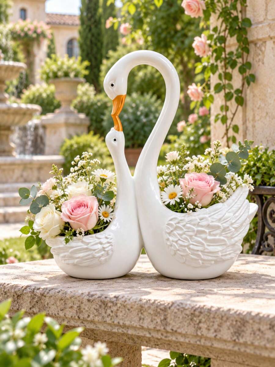 1pc Elegant Swan Planter Flower Pot, Romantic Floral Container For Patio, Balcony, Garden Table, Living Room, Wedding Centerpiece, Cottage Decor, Spring Home Styling, Porch, Entryway And Dining Accent - A - View 1