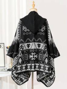 1pc Vintage Casual Geometric Pattern Hooded Cape Shawl - Multicolor - View 5