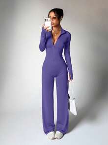 2pcs Set Purple Zipper Fitted Long Sleeve Top + Flowy Wide Leg Pants Yoga Outfit - Violet Purple - View 6