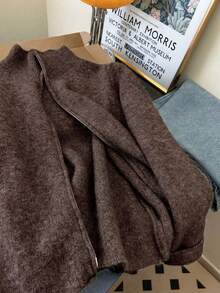 Women's Stand Collar Zip-Up Knit Cardigan Sweater Jacket, Autumn/Winter - Brown - View 4