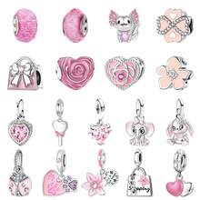 1pc Cute Pink Pendant Silver-Plated Perforated Beads With Flower, Elephant, Rabbit, Rose, Heart, Paw Print Large Hole Beads Bracelet, Handmade Jewelry Making Gift, Suitable For Girls And Women, Can Showcase Charm - Pink - View 1