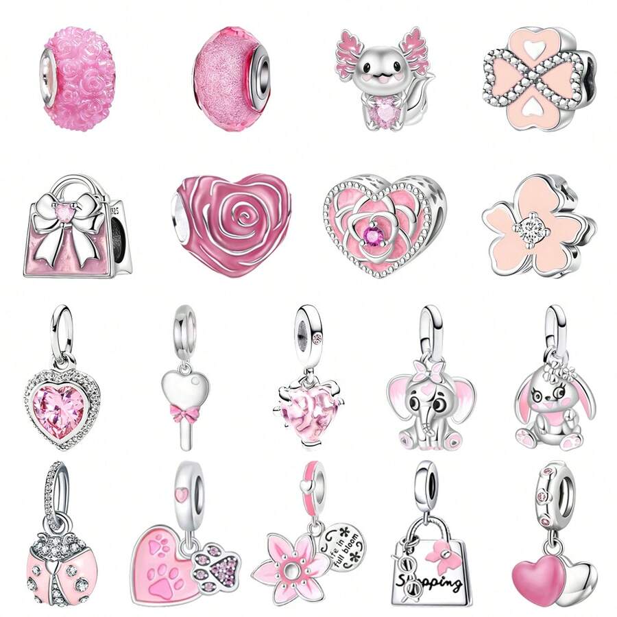 1pc Cute Pink Pendant Silver-Plated Perforated Beads With Flower, Elephant, Rabbit, Rose, Heart, Paw Print Large Hole Beads Bracelet, Handmade Jewelry Making Gift, Suitable For Girls And Women, Can Showcase Charm - Pink - View 1
