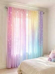 2 Stück weiche Regenbogen-Stern-Dekoration-Vorhänge, Stangendesign, geeignet für Schlafzimmer, Wohnzimmer und Bürodekoration, Polyester-Material, Digitaldruck, Heimdekoration, maschinenwaschbar, gute Lichtdurchlässigkeit, 2D-Flachdruck, 90 g/m² - Verschiedenfarbig - Übersicht 11