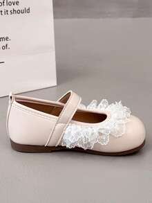 New Minimalist Light Beige Girls' Mary Jane Flats, Round Toe With Lace Decor And Convenient Hook And Loop Closure, Breathable Durable Non-Slip Rubber Sole, Children's Flat Shoes Suitable For Daily Wear, Vacation, Party, Holiday And Celebration Outfits - Beige - View 9