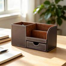 All-In-One Pen Holder Office Stationery Box Multifunctional Leather Business Card Holder Front Desk Desktop Conference Room Desktop Storage Box, Creative Fashion Student Desktop Office Stationery Storage Box Drawer Style Pen Holder - Multicolor - View 1