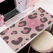 Sweet Y2K Style Pink Leopard Leather Desk Pad, Honey Heart Graphic Waterproof Oilproof Extended Mousepad Leather, Aesthetic Desk Decor For Girls - View 3
