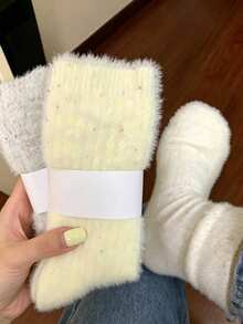 1/3/6 Pairs Solid Color Polka Dot Woolen Fuzzy Women Socks, Long/Mid-Calf Thick Warm Autumn/Winter Ins Style Slouch Socks - Multicolor - View 11