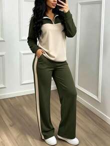 Conjunto casual de mujer, blusa suelta con cuello y pantalones de pierna ancha, conjunto de 2 piezas, elegante para otoño/invierno y primavera - Albaricoque + Verde militar 40 - Ver 10