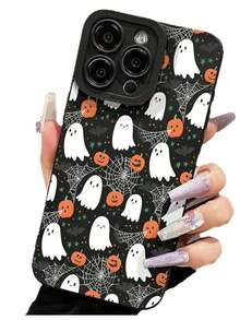 An American Halloween Cartoon Little Devil Phone Case Covered With White Ghost Pumpkin Spider Web Illustration TPU Soft Shell Compatible With Apple 17 Promax/11/12/13/14 Plus/15/16 Pro - Black - View 3