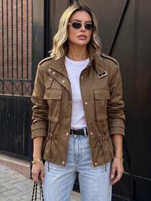 1pc Women's Fashion Solid Color Long Sleeve Front Zipper Minimalist Casual Short Jacket, Khaki High Neck Long Sleeve Jacket With Button Details And Pockets, Regular Hem, Non-Stretch - Brown - View 6