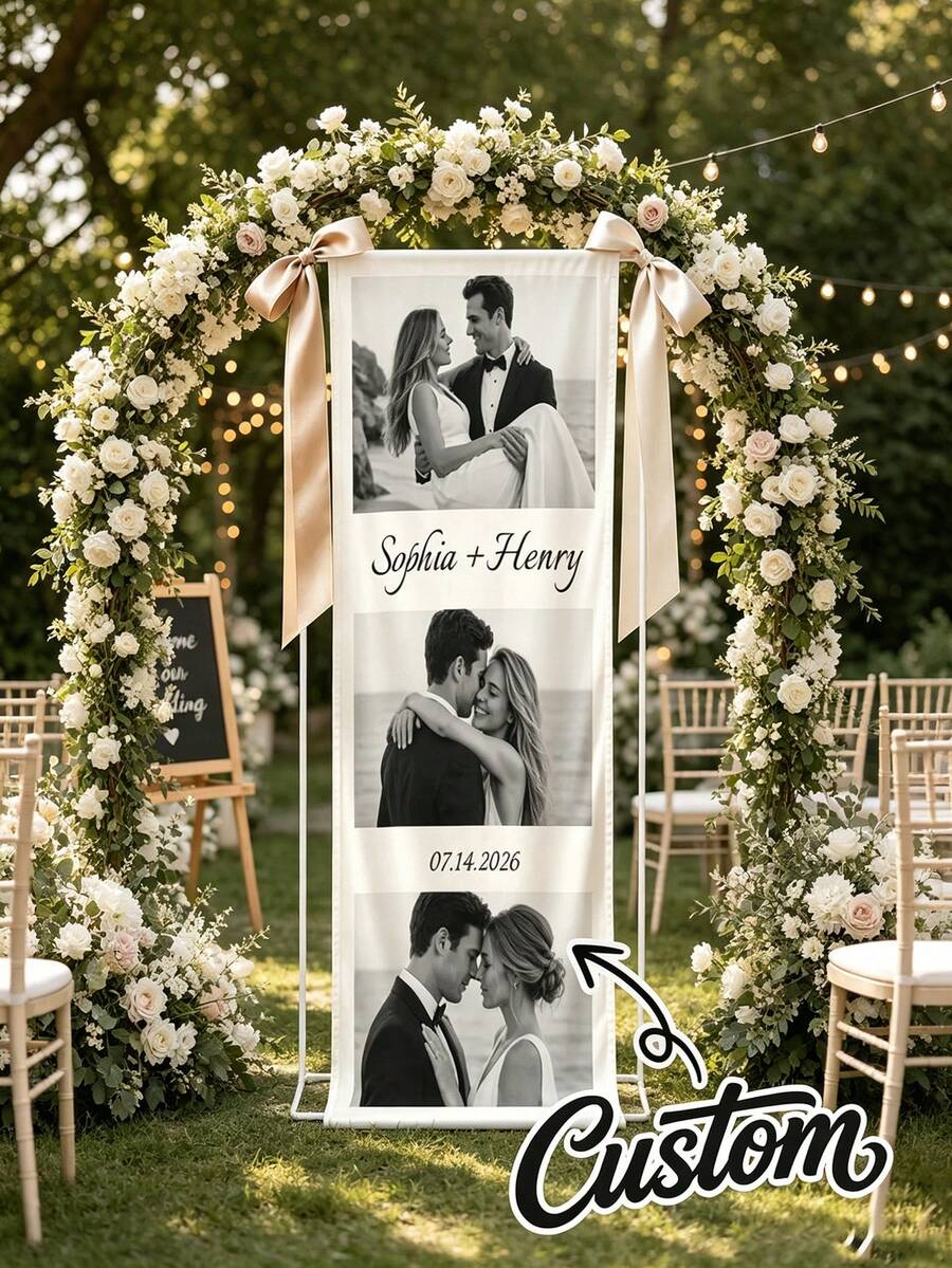 Customized Wedding Welcome Banner, Personalized Photo Name Date Fabric Hanging Flag, Customized Couple Photo Wedding Reception Decoration Backdrop - Multicolor - View 1