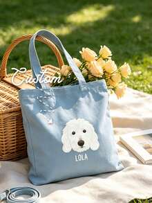 Personalized Pet Photo And Name Tote Bag, Large Capacity Shoulder Bag, Customizable Foldable Personalized Tote Bag Featured With Name Logo Text, Available In Various Colors, Solid Color Large Capacity Shoulder Bag, Suitable For Work, Travel And School, Suitable For Holidays. Ideal Gift For Birthday, Anniversary And Valentine's Day. - Multicolor - View 2