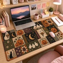 Halloween Patchwork Extended Mouse Pad, 3 Spooky Styles Available, Pumpkin Ghost Black Cat And Bat Desk Mat, Polyester Surface With Non-Slip Rubber Base For Home Office, Dorm, Study And Gaming, 3 Sizes Available - View 5