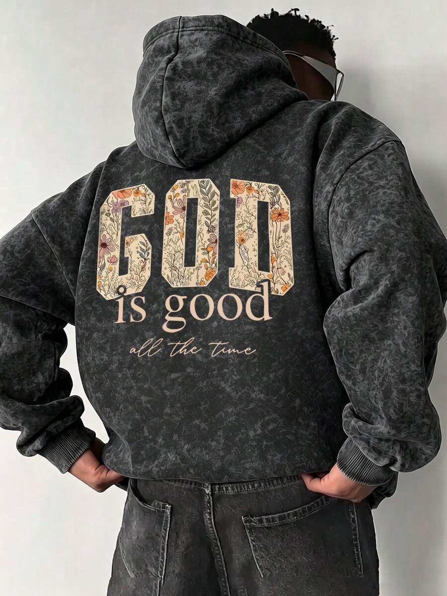 Áo hoodie nam in hoa và chữ, dáng rộng, kiểu chui đầu, vải wash - màu đen - Xem 1