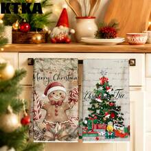 2Pcs Christmas Kitchen Dish Towel Set, Vintage Gingerbread Man & Christmas Tree Print, Xmas Kitchen Decor Hand Towel, Christmas Holiday Gift - Multicolor - View 6