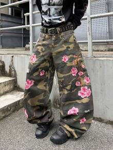 Infinite Jeans 1pc American Street Fashion Men's Patchwork Double Waist Distressed Ripped Embroidered Denim Jeans Loose Comfortable Wide Leg Pants All Season Versatile Denim Long Pants (Product Does Not Include Belt And Accessories) - Green - View 4