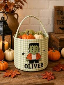 Personalized Plaid Halloween Basket, Customized Halloween Trick Or Treat Bag - Multicolor - View 2