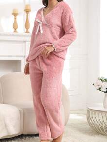 Women's Pink Lace Patchwork Bow Long Sleeve Pajama Set, Thick Long Pants 2 Pieces Set, Solid Color Casual Homewear - Pink - View 5