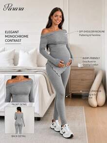 Parara Maternity 2 Pieces Casual Set, One-Shoulder Long Sleeve Ruched Top With Fitted Leggings, High Elastic Ribbed Knit Slim Fit Loungewear - Grey - View 1