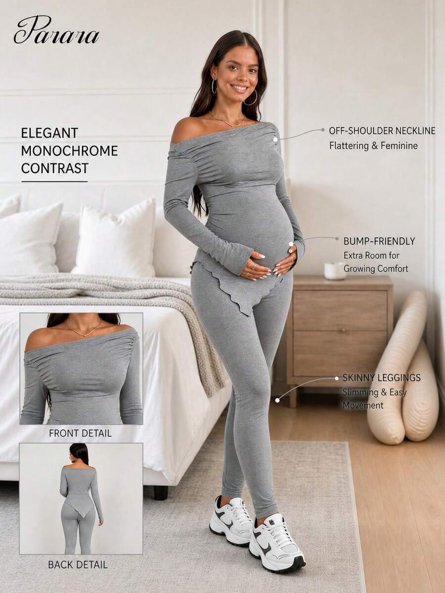 Parara Maternity 2 Pieces Casual Set, One-Shoulder Long Sleeve Ruched Top With Fitted Leggings, High Elastic Ribbed Knit Slim Fit Loungewear - Grey - View 1