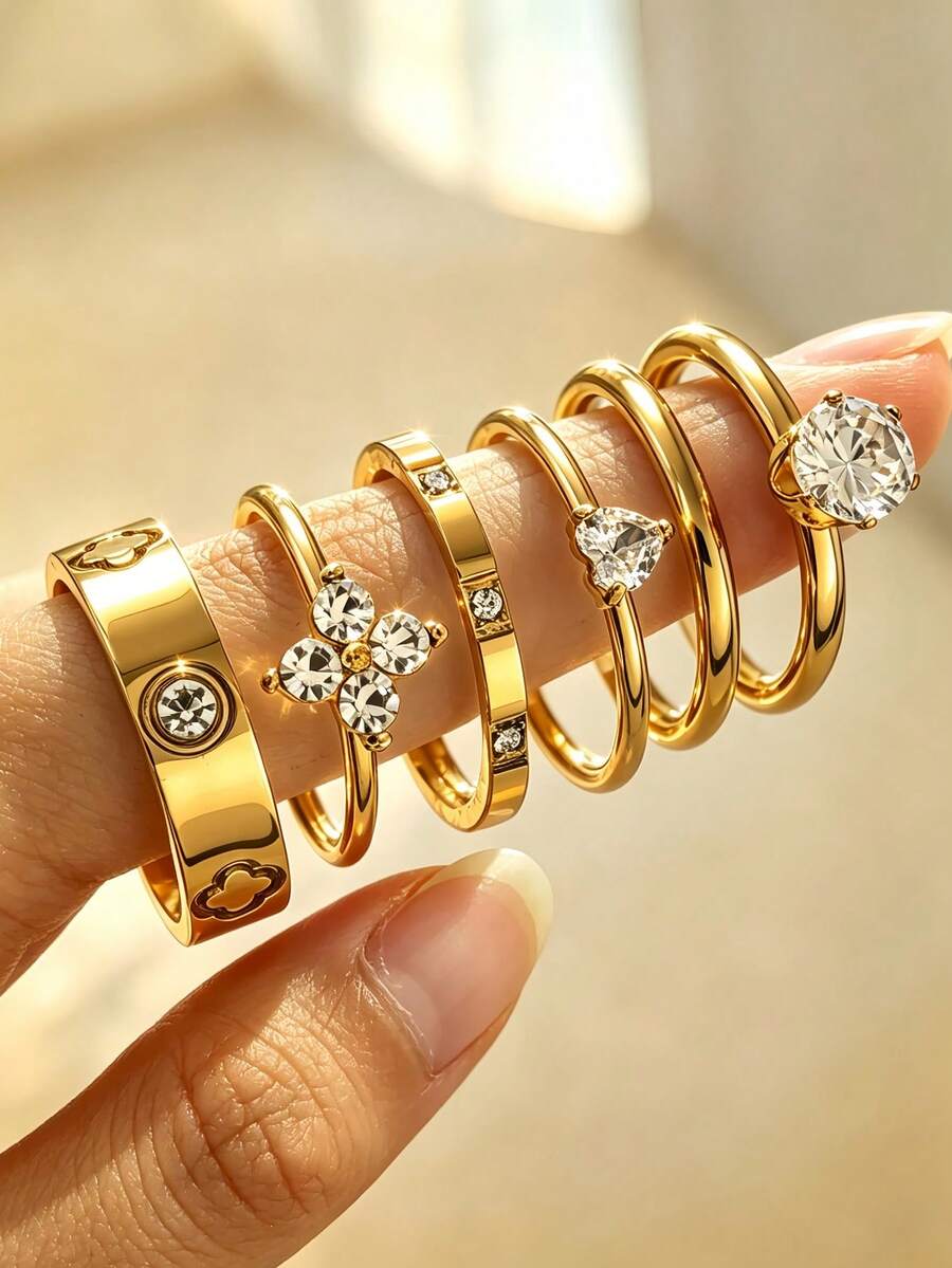 6pcs 18K Gold Plated Stainless Steel Ring Set, Stackable Rings, Clover Design, Ins Style, Waterproof Jewelry, Elegant Rings, Gemstone Rings, Gold Tone Jewelry Set, Exquisite Gift,