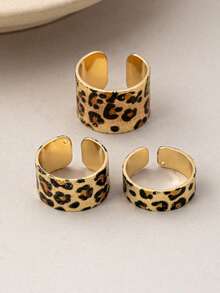 3pcs Fashionable Elegant Minimalist Leopard Print Open Ring Set, Suitable For Women's Daily Wear - Multicolor - View 3