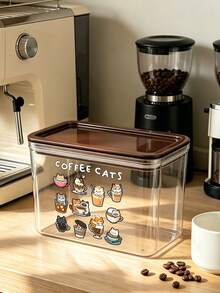 Cute Cup Cat And "Coffee Cats" Letter Pattern Coffee Storage Box, Sealed Plastic Food Jar, Large Capacity, Dustproof And Moisture-Proof, Kitchen Countertop Coffee Area Storage Box, Decoration, Kitchen Countertop Storage, Coffee Enthusiast Gift - Multicolor - View 11