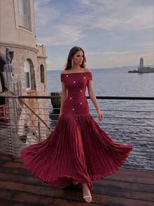 New Sexy Burgundy Off-Shoulder Heavy Rhinestone Evening Gown With Pleated Full Skirt, Bandage Long Dress, Elegant Women's Formal Evening Party Dress - Red - View 5