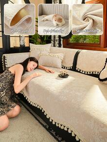 1PC French Pastoral Style Chenille Jacquard Sofa Cushion, Four-Season Universal Non-Slip Irregular Edge Tassel Decorative Seat Pad, Suitable For Sofa Protection & Decoration, Dustproof & Durable, Easy To Maintain, Pet Dirt-Resistant, Machine Washable - Beige - View 1