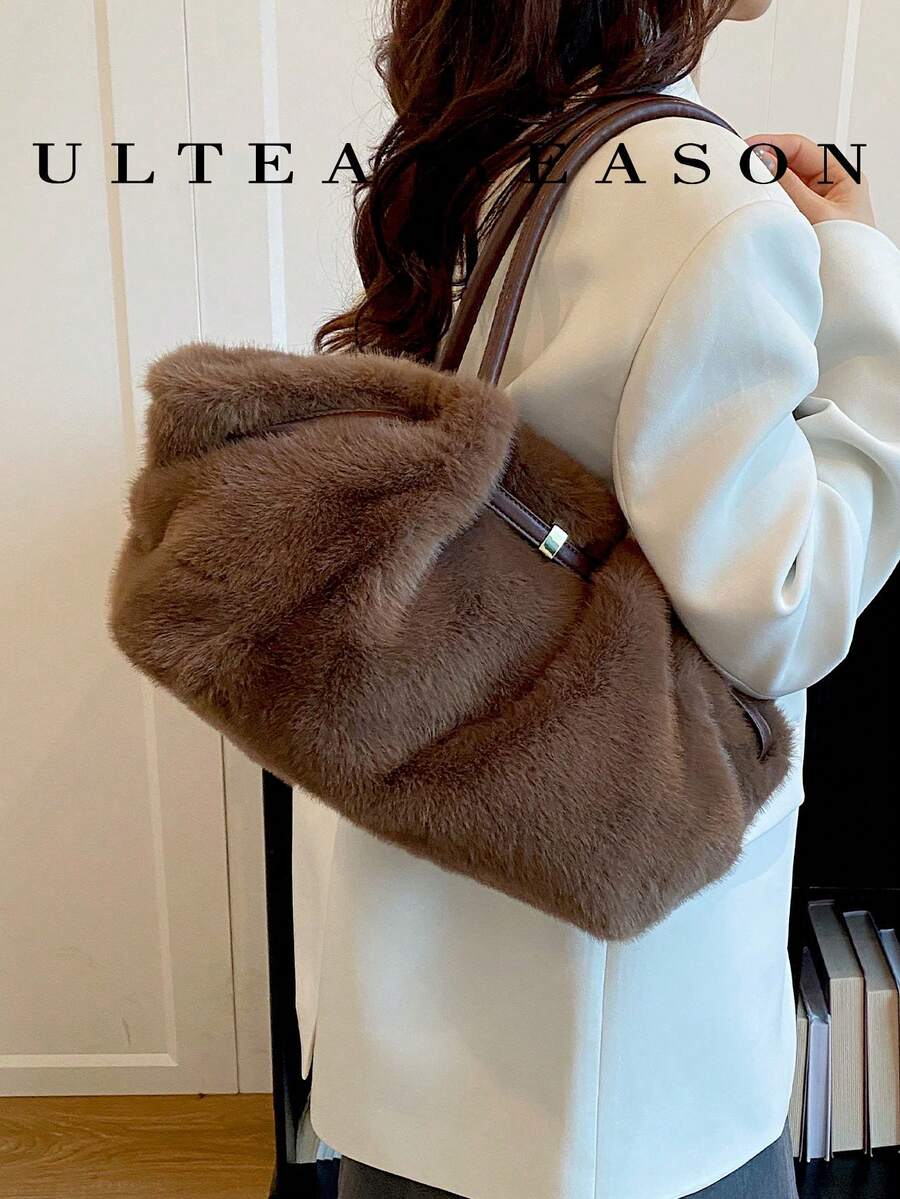1pc Solid Color Plush New Women's Bag, Shoulder Bag Tote Bag, Fashion Square Handbag, Magnetic Closure, Suitable For Commuting, Shopping, Dating, Gift For Girlfriend