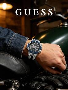 GUESS Men's Large Dial Hollow Multi-Function Chronograph Watch, Dual-Tone Breathable Strap, Street Outdoor Fashion Watch GW0486G1 - Blue - View 4