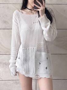 Atasan Sweater Seksi Model Longgar dan Ramping untuk Musim Gugur, Model Baru Jala Berongga Jala dengan Detail Usang - Putih - View 4