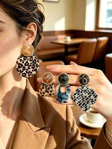 Betykuku 8pcs European & American Fashion Cat Eye Acrylic Square & Round Pendant Earrings - 4 Pairs Leopard Print - View 5