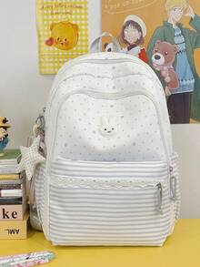Sweet Polka Dot Stripe Lace Backpack, Cute Girl Large Capacity Student School Bag, Multi-Compartment Backpack For Elementary, Middle And High School Students, Children Daily Commute, Travel, Shopping, Campus Casual Backpack, Girls Rabbit Embroidery Star Pendant, Academy Style Multiple Colors Available - A - View 13