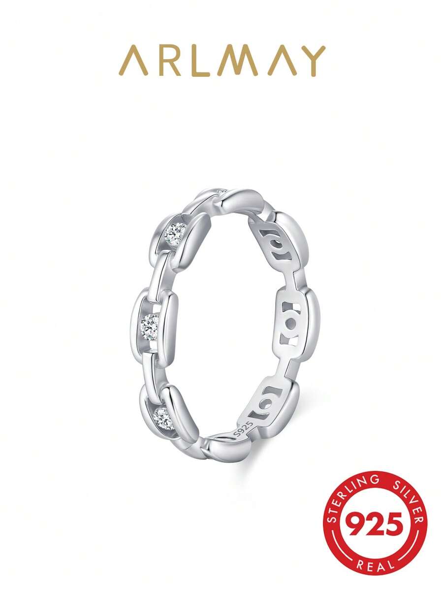 Arlmay 1pc 925 Sterling Silver Cool Hollow Out Chain Zirconia Ring For Women Geometric Design Fine Party Jewelry Gift
