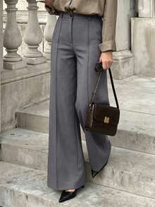 素色直條紋裝飾修身高腰長褲，適合春秋季節，適用於辦公、約會與日常外出 - 花灰 - 查看 5