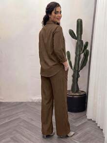 Women's Spring/Autumn Solid Color Casual Pocket Front Button-Down 2-Piece Set, Daily Commute, Office, Date Elegant Outfit - Coffee Brown - View 3