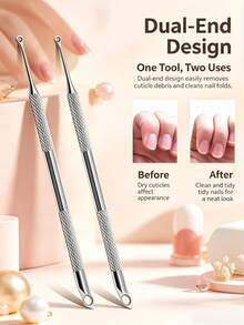 1pc New Upgraded Metal Silver Double-Ended CuticlePusher And Cutter Remover Salon Quality StainlessSteel Gel Nail Polish Scraper Professional Manicure NailCare Cleaning Tool For Fingernails And ToenailsHandmade Nail Art - Silver - View 6