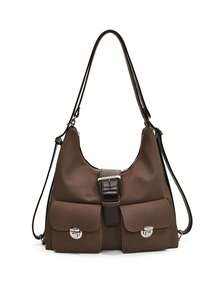 Fashionable Artificial Leather Retro Large Capacity Shoulder Bag, Multi Pocket Niche Design Contrasting Color Crossbody Bag, Suitable For Commuting. - Coffee - View 8