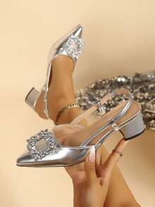 Elegant Women's Slingback Sandals, Silver Shiny Rhinestone Square Buckle Pointed Toe Chunky Heel Fashion High Heels, Versatile Party Wedding Women's Sandals - Silver - View 1