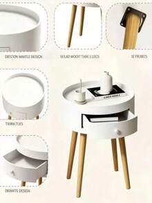 NEW Lightweight Compact White Round Bedside Table For Storage With Flap And Hidden Space, Side Table By The Bed On Stable Tripod Legs Made Of Natural Wood, - White - View 8