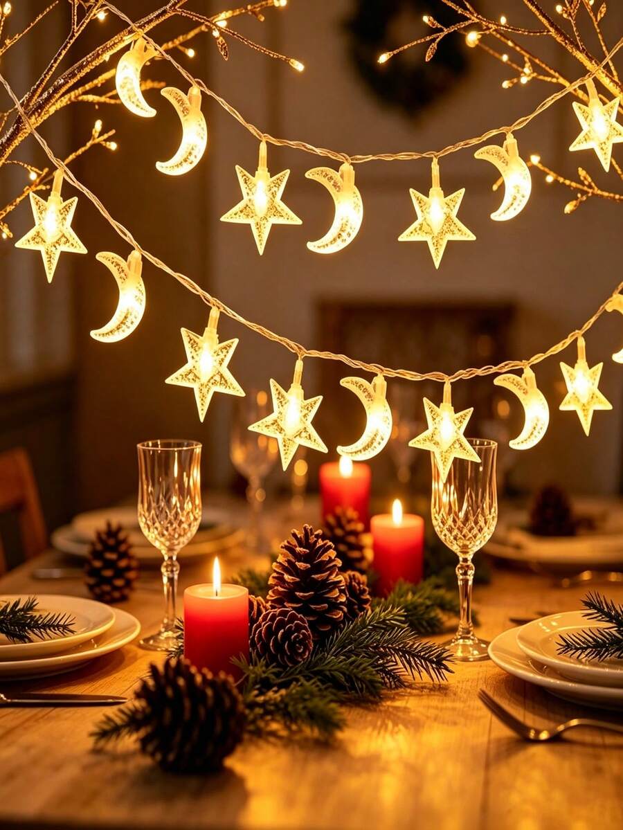 Star Moon Shaped LED Warm Light String, Battery Powered, Multi Specifications, For Christmas Ramadan Bedroom Dining Party Home Decor - Star and Moon Light String - View 1
