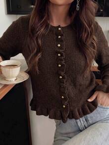 Cardigan Rajut Lengan Panjang Leher Bulat Gaya Vintage Musim Gugur Wanita dengan Tepi Berumbai dan Kancing Logam, Sweater Lembut yang Elegan - Coklat - View 5