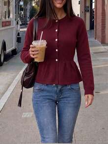 Just Masa Women's Fall Casual Button Up Ruffle Hem Sweater,Solid Color Long Sleeve Round Neck Rib-Knit Top,For Daily Wear,Going Out,Date,Christmas - Dark Red - View 7