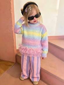 Girls' Cute Gradient Color Ruffle Knit Pullover Sweater, Suitable For Vacation, Daily Wear, Spring, Autumn, Winter - Pink - View 3