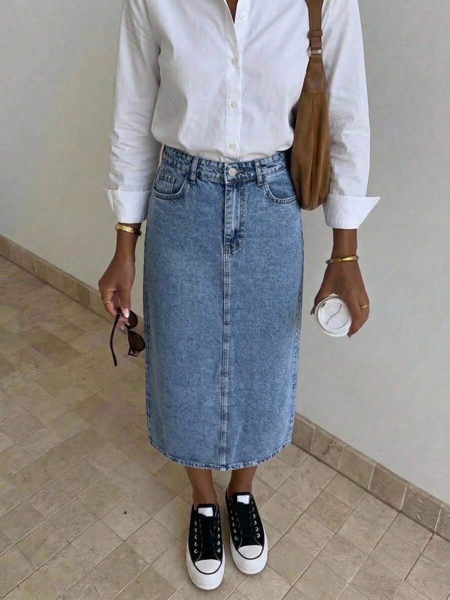 Woman High Waist Solid Color Casual Straight Denim Midi Skirt - Blue - View 1