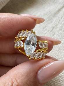 1pc Women's Ring Gold Copper Inlaid Large Marquise CZ Design Luxury Style Ring Suitable For Party, Engagement, Wedding Wear, Autumn Style - Multicolor - View 5